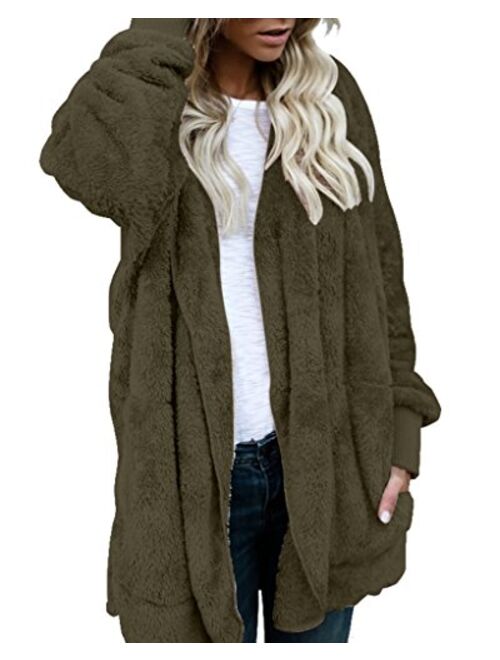 Womens Fuzzy Winter Open Front Cardigan Sherpa Fleece Jacket Hooded Coat Outerwear