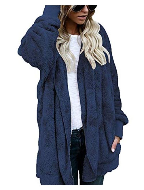 Womens Fuzzy Winter Open Front Cardigan Sherpa Fleece Jacket Hooded Coat Outerwear