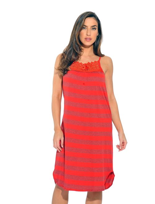 Just Love 100% Cotton Spaghetti Strap Stripe Womens Nightgown with Lace Trim