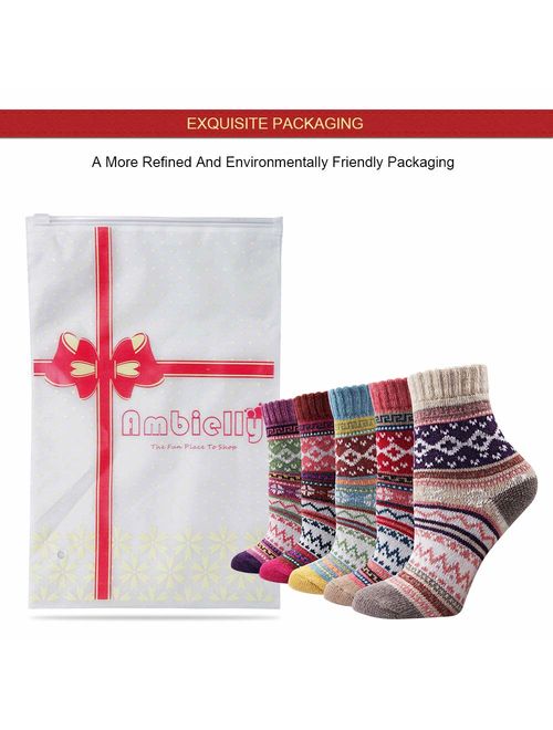 Ambielly Winter Women Socks 5 Pairs Vintage Style Knit Wool Casual Socks Thick Warm Colorful Socks