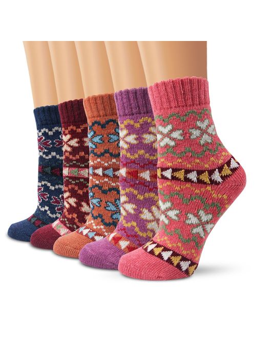 Ambielly Winter Women Socks 5 Pairs Vintage Style Knit Wool Casual Socks Thick Warm Colorful Socks