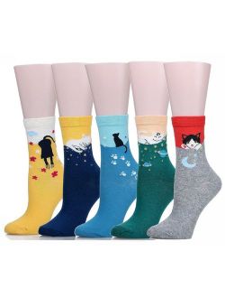 SoxEra Cute Cat Design Women's Casual Comfortable Cotton Crew Socks - 5 Pack...