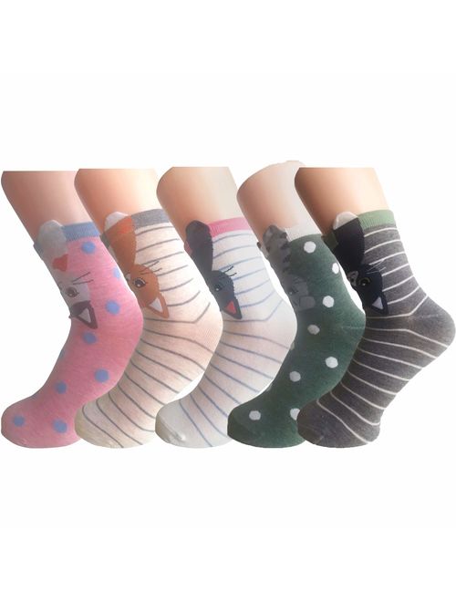 SoxEra Cute Cat Design Women's Casual Comfortable Cotton Crew Socks - 5 Pack...