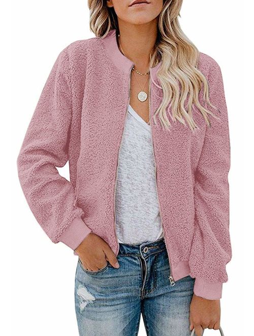 MIROL Women's Sherpa Fleece Jacket Faux Fuzzy Long Sleeve Casual Zip Up Bomber Coat with Pockets