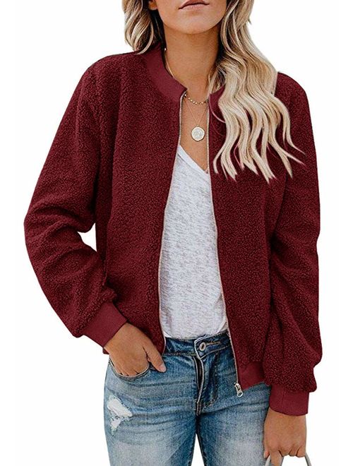 MIROL Women's Sherpa Fleece Jacket Faux Fuzzy Long Sleeve Casual Zip Up Bomber Coat with Pockets