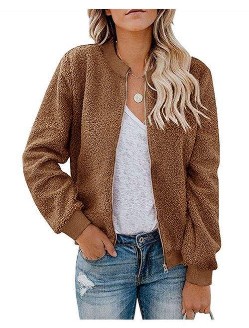 MIROL Women's Sherpa Fleece Jacket Faux Fuzzy Long Sleeve Casual Zip Up Bomber Coat with Pockets