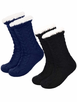 Boao 2 Pairs Women's Warm Slipper Socks Christmas Fuzzy Socks Fleece-lined Non Slip Slipper Socks