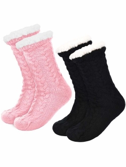 Boao 2 Pairs Women's Warm Slipper Socks Christmas Fuzzy Socks Fleece-lined Non Slip Slipper Socks