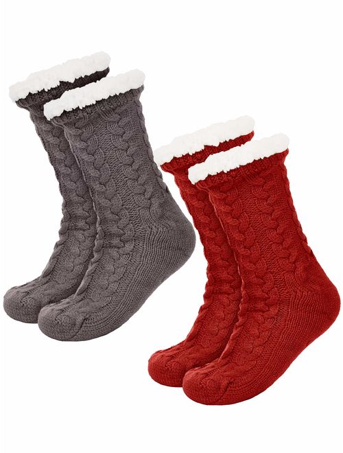 Boao 2 Pairs Women's Warm Slipper Socks Christmas Fuzzy Socks Fleece-lined Non Slip Slipper Socks