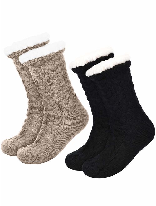 Boao 2 Pairs Women's Warm Slipper Socks Christmas Fuzzy Socks Fleece-lined Non Slip Slipper Socks