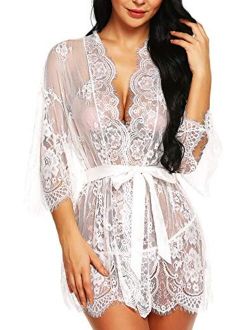 RSLOVE Women's Lace Kimono Robe Lingerie Eyelash Babydoll Sheer Nightwear