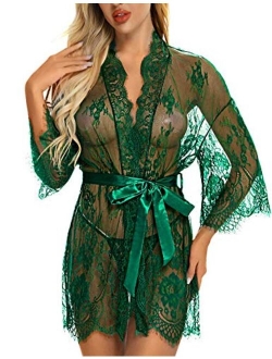 RSLOVE Women's Lace Kimono Robe Lingerie Eyelash Babydoll Sheer Nightwear