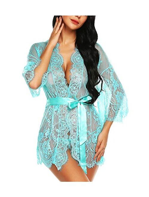 RSLOVE Women's Lace Kimono Robe Lingerie Eyelash Babydoll Sheer Nightwear