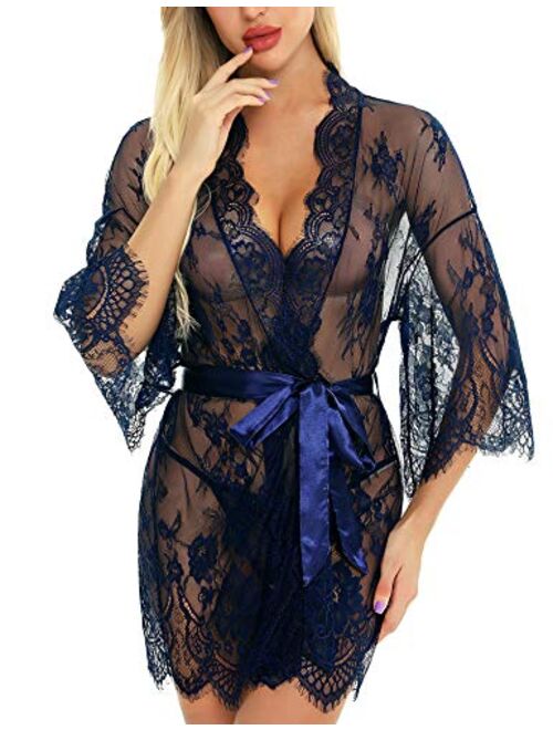 RSLOVE Women's Lace Kimono Robe Lingerie Eyelash Babydoll Sheer Nightwear