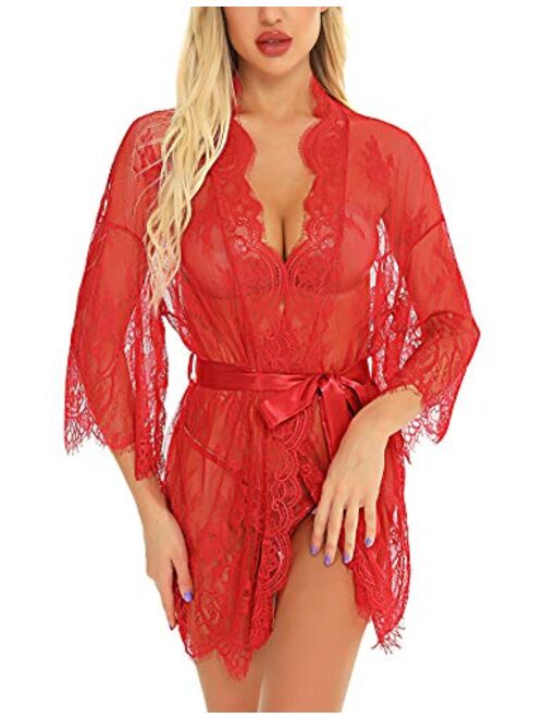 RSLOVE Women's Lace Kimono Robe Lingerie Eyelash Babydoll Sheer Nightwear