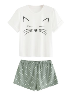 DIDK Women's Kitty Cat Print Ruffles Short Pajama Set