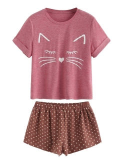 DIDK Women's Kitty Cat Print Ruffles Short Pajama Set