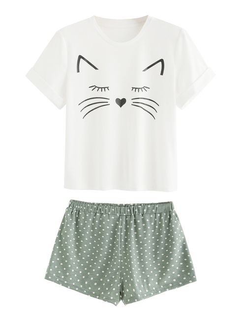 DIDK Women's Kitty Cat Print Ruffles Short Pajama Set