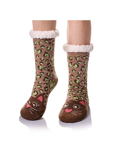 Velice Women's Soft Cute Cable Knit Animal Warm Fuzzy Fleece Lining Winter Cozy Home Slipper Socks