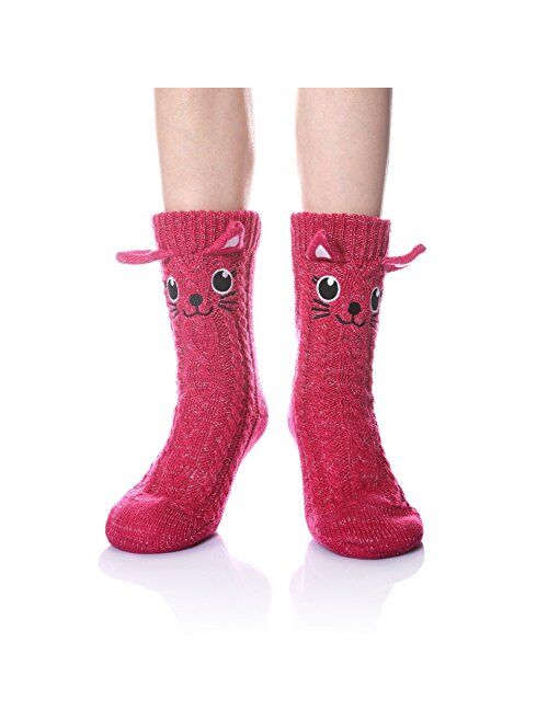 Velice Women's Soft Cute Cable Knit Animal Warm Fuzzy Fleece Lining Winter Cozy Home Slipper Socks