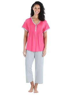 PajamaMania Women's Sleepwear Stretchy Knit Short Sleeve Top and Capri Pant Pajama Set