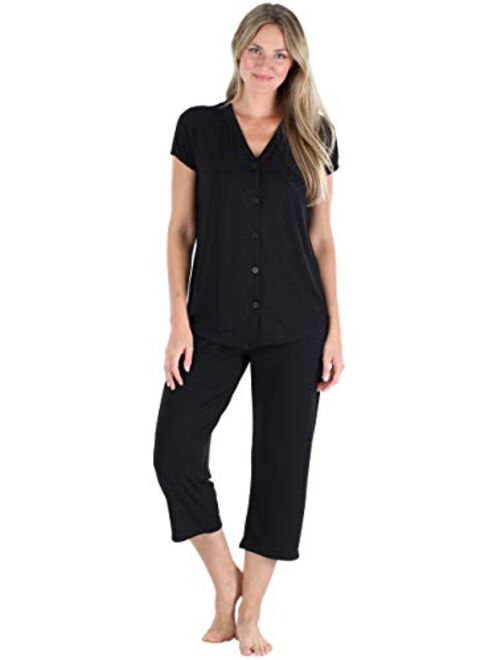 PajamaMania Women's Sleepwear Stretchy Knit Short Sleeve Top and Capri Pant Pajama Set