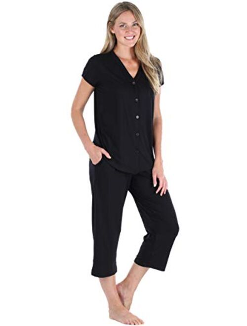 PajamaMania Women's Sleepwear Stretchy Knit Short Sleeve Top and Capri Pant Pajama Set