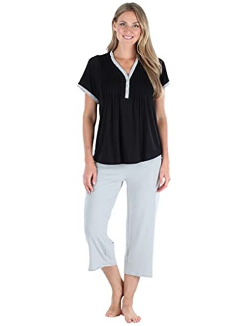 PajamaMania Women's Sleepwear Stretchy Knit Short Sleeve Top and Capri Pant Pajama Set