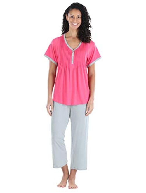 PajamaMania Women's Sleepwear Stretchy Knit Short Sleeve Top and Capri Pant Pajama Set