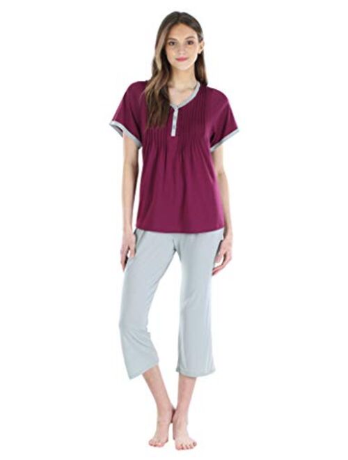 PajamaMania Women's Sleepwear Stretchy Knit Short Sleeve Top and Capri Pant Pajama Set