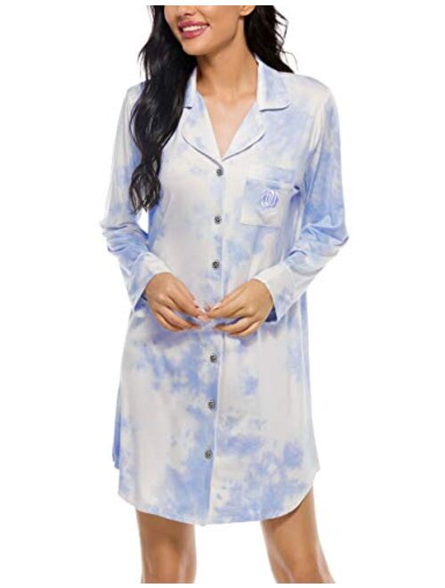 N NORA TWIPS Women Long Sleeve Pajama Top Buttom Down Sleep Shirt Dress (XS-XL)