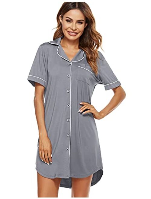 N NORA TWIPS Women Long Sleeve Pajama Top Buttom Down Sleep Shirt Dress (XS-XL)