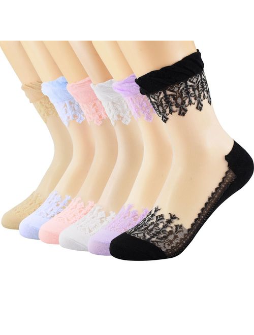 Floosum Womens 6 Pairs Ultrathin Transparent Lace Elastic Short Socks