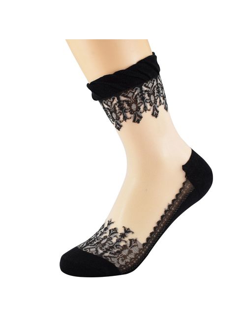 Floosum Womens 6 Pairs Ultrathin Transparent Lace Elastic Short Socks