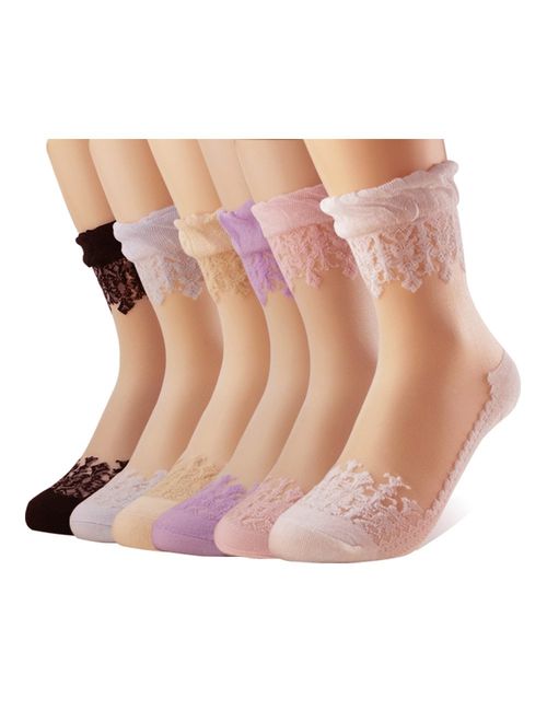 Floosum Womens 6 Pairs Ultrathin Transparent Lace Elastic Short Socks