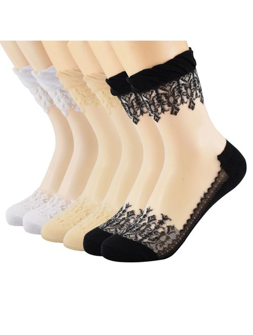 Floosum Womens 6 Pairs Ultrathin Transparent Lace Elastic Short Socks