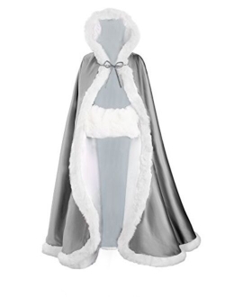 Wedding Cape Hooded Cloak for Bride Winter Reversible with Fur Trim Free Hand Muff Full Length 50 55 inches (19 Colors)