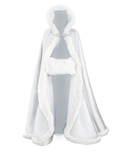 Wedding Cape Hooded Cloak for Bride Winter Reversible with Fur Trim Free Hand Muff Full Length 50 55 inches (19 Colors)