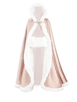 Wedding Cape Hooded Cloak for Bride Winter Reversible with Fur Trim Free Hand Muff Full Length 50 55 inches (19 Colors)