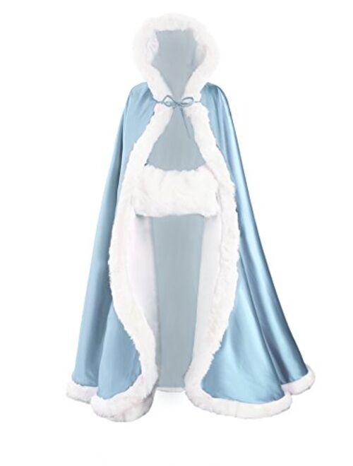 Wedding Cape Hooded Cloak for Bride Winter Reversible with Fur Trim Free Hand Muff Full Length 50 55 inches (19 Colors)