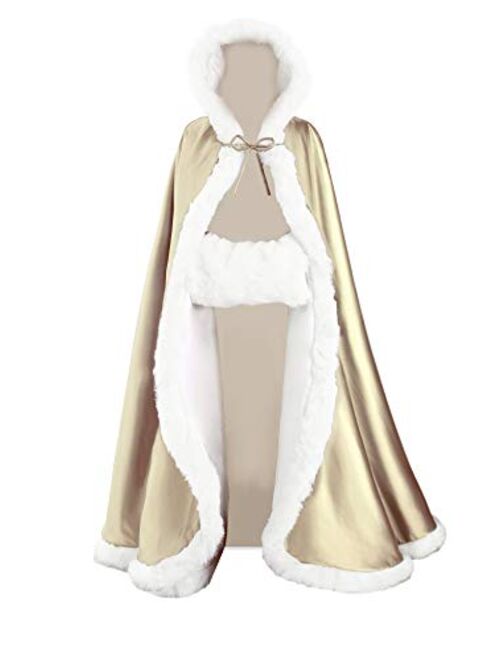 Wedding Cape Hooded Cloak for Bride Winter Reversible with Fur Trim Free Hand Muff Full Length 50 55 inches (19 Colors)