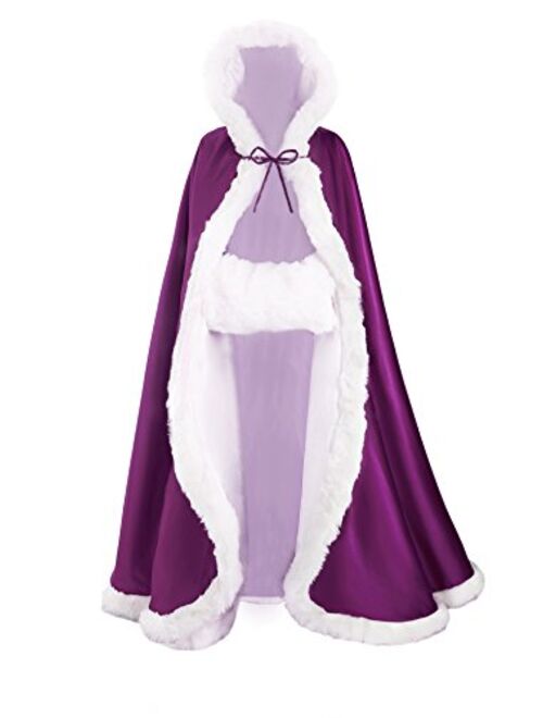 Wedding Cape Hooded Cloak for Bride Winter Reversible with Fur Trim Free Hand Muff Full Length 50 55 inches (19 Colors)