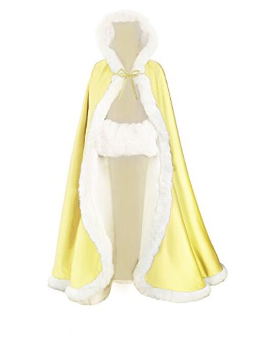 Wedding Cape Hooded Cloak for Bride Winter Reversible with Fur Trim Free Hand Muff Full Length 50 55 inches (19 Colors)