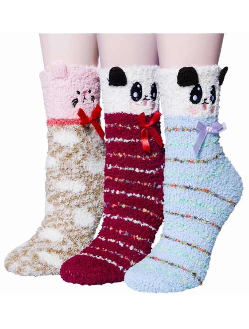 3 Pairs Womens Fuzzy Socks Cozy Winter Warm Fluffy Soft Cute Animal Fuzzy Home Slipper Socks