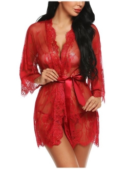 Ababoon Women's Lace Kimono Robe Babydoll Lingerie Mesh Nightgown G-String