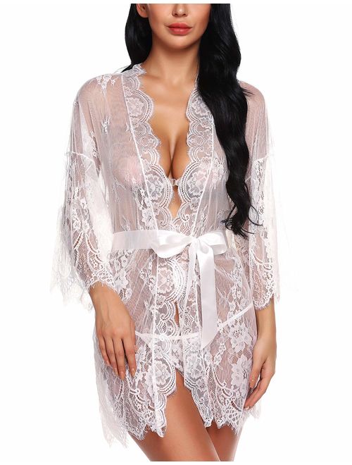 Ababoon Women's Lace Kimono Robe Babydoll Lingerie Mesh Nightgown G-String