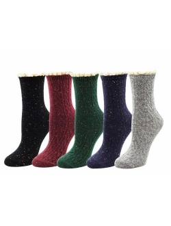 Womens Lady's 5 Pack Crochet Lace Trim Cotton Knit Crew Socks