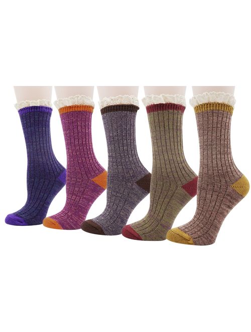 Womens Lady's 5 Pack Crochet Lace Trim Cotton Knit Crew Socks