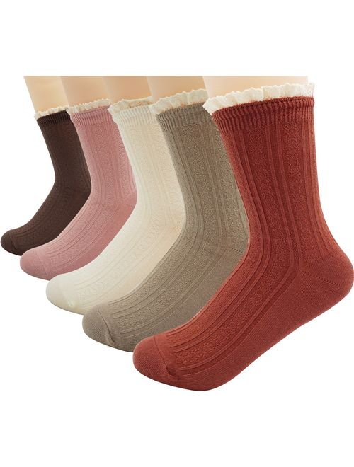 Womens Lady's 5 Pack Crochet Lace Trim Cotton Knit Crew Socks