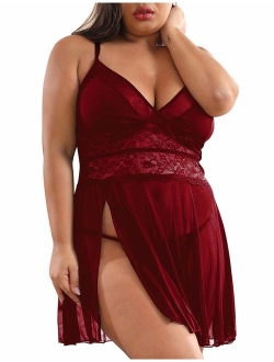 XAKALAKA Women's Plus Size Lingerie Babydoll Front Slit Lace Mesh Chemise Sleepwear